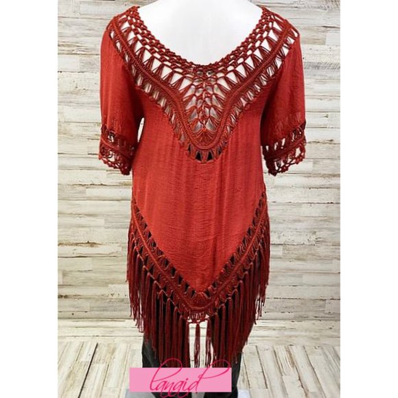 Vivid Importers Fringe Cover-Up Tunic Rust Off-The-Shoulder Crochet Cut-Outs M - Picture 2 of 9